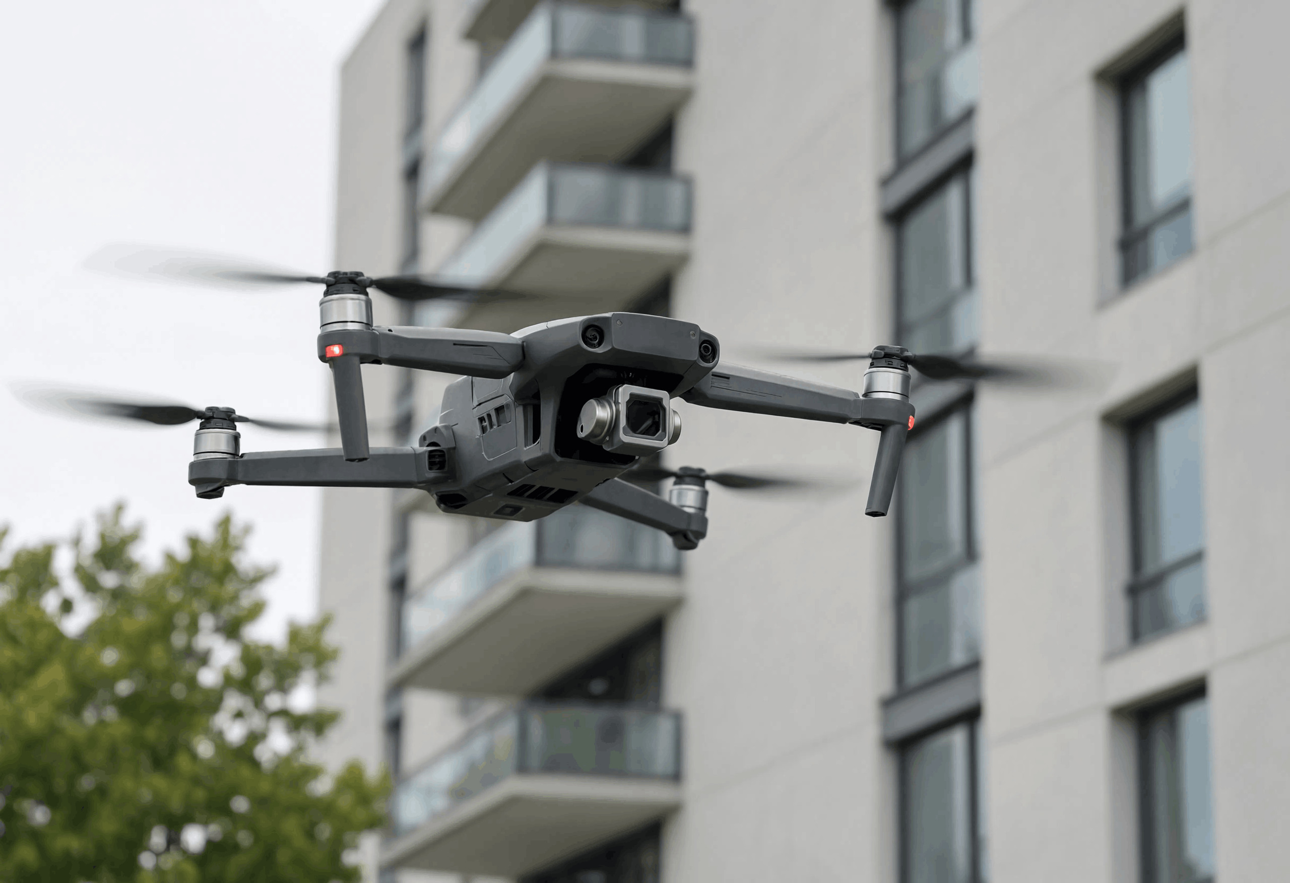Drone en vol à côté de la façade d'une résidence